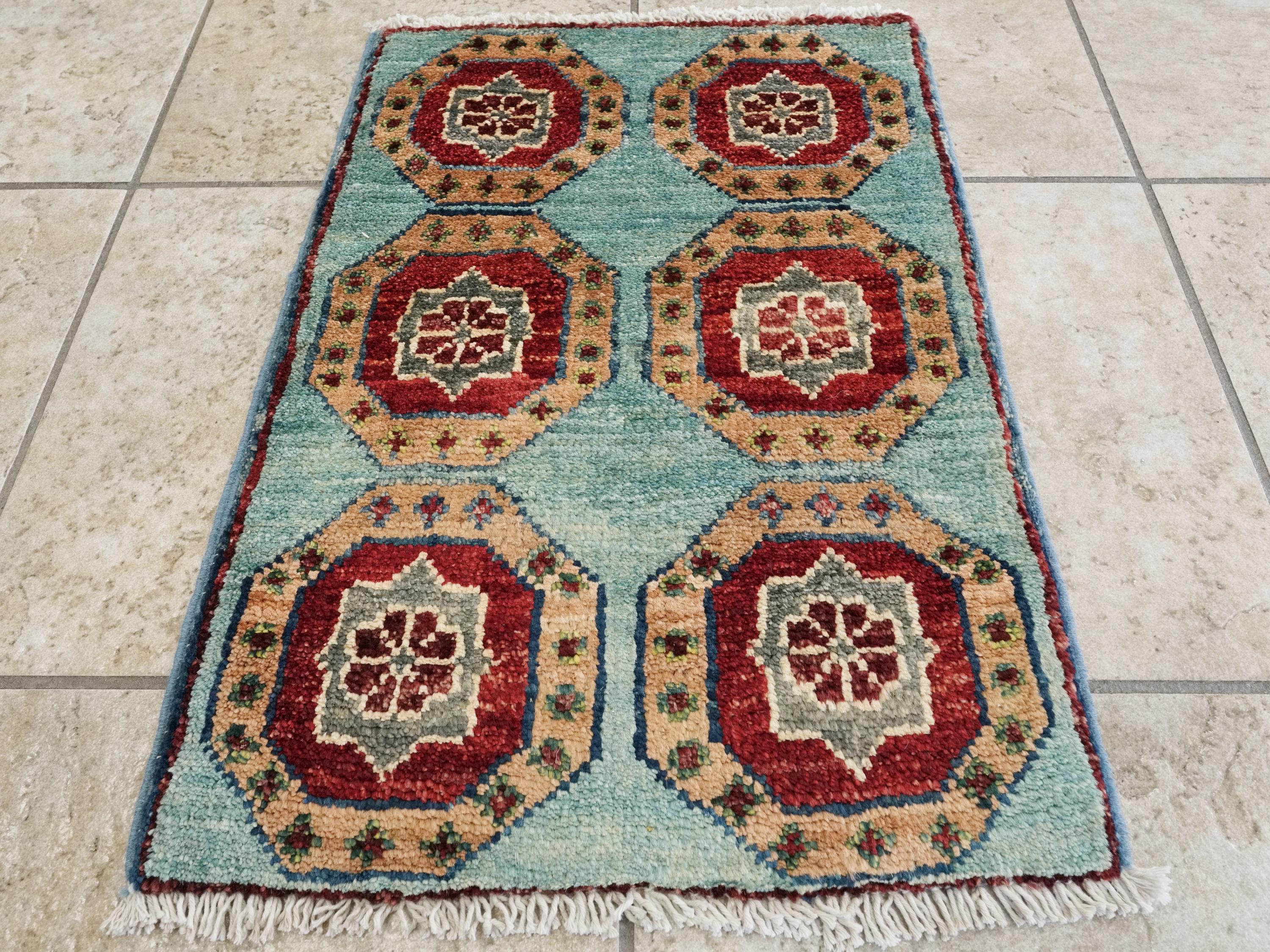 1x2 Ft Hand Knotted Cyan Mamluk Rug: Ghazni Wool Oriental Accent Rug