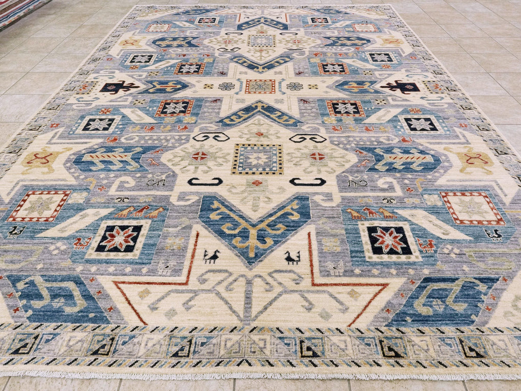 9x12 Ft Light Blue Heriz Rug - Traditional Hand Knotted Area Rug - Geometric Design