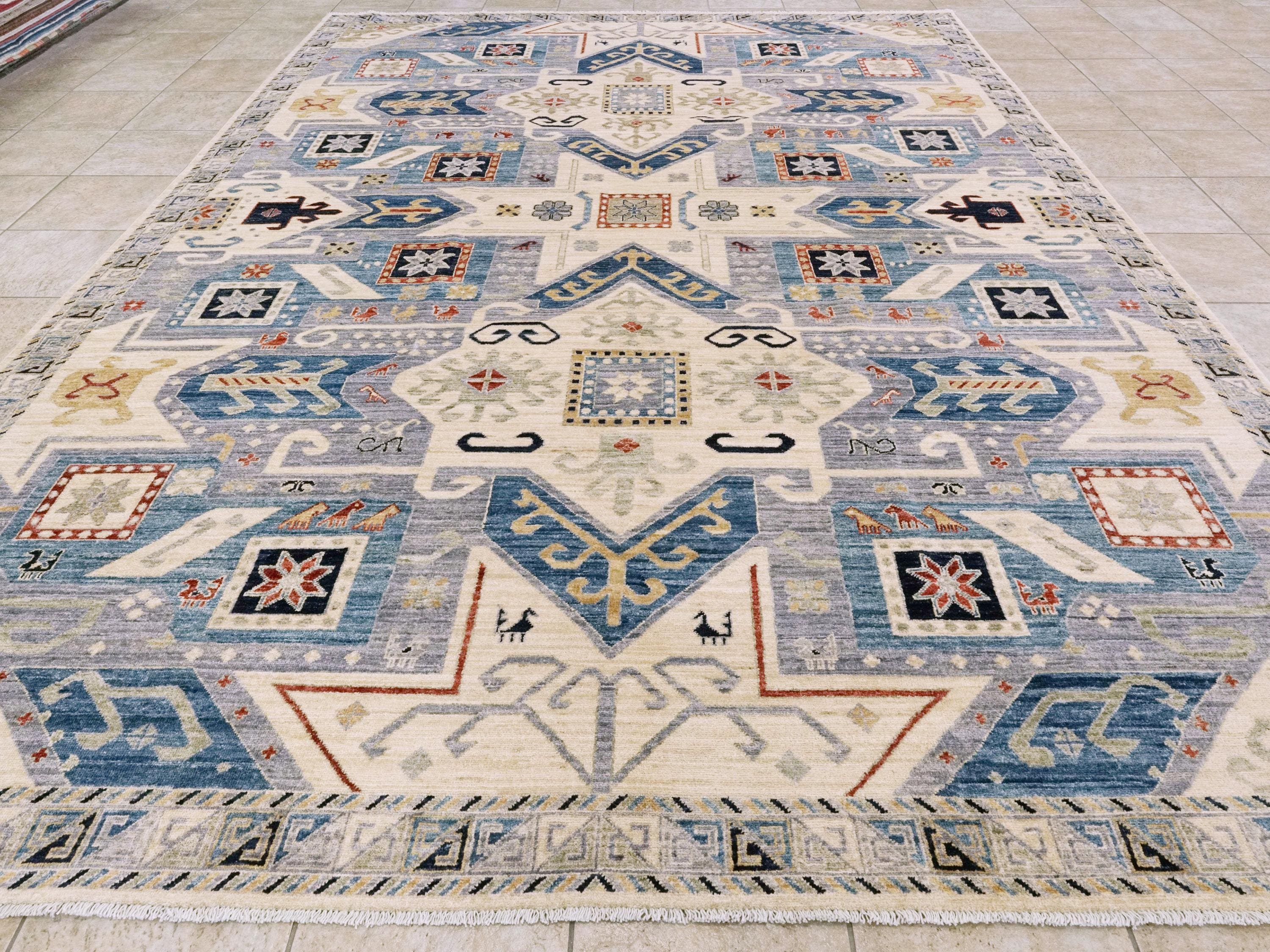 9x12 Ft Light Blue Heriz Rug - Traditional Hand Knotted Area Rug - Geometric Design