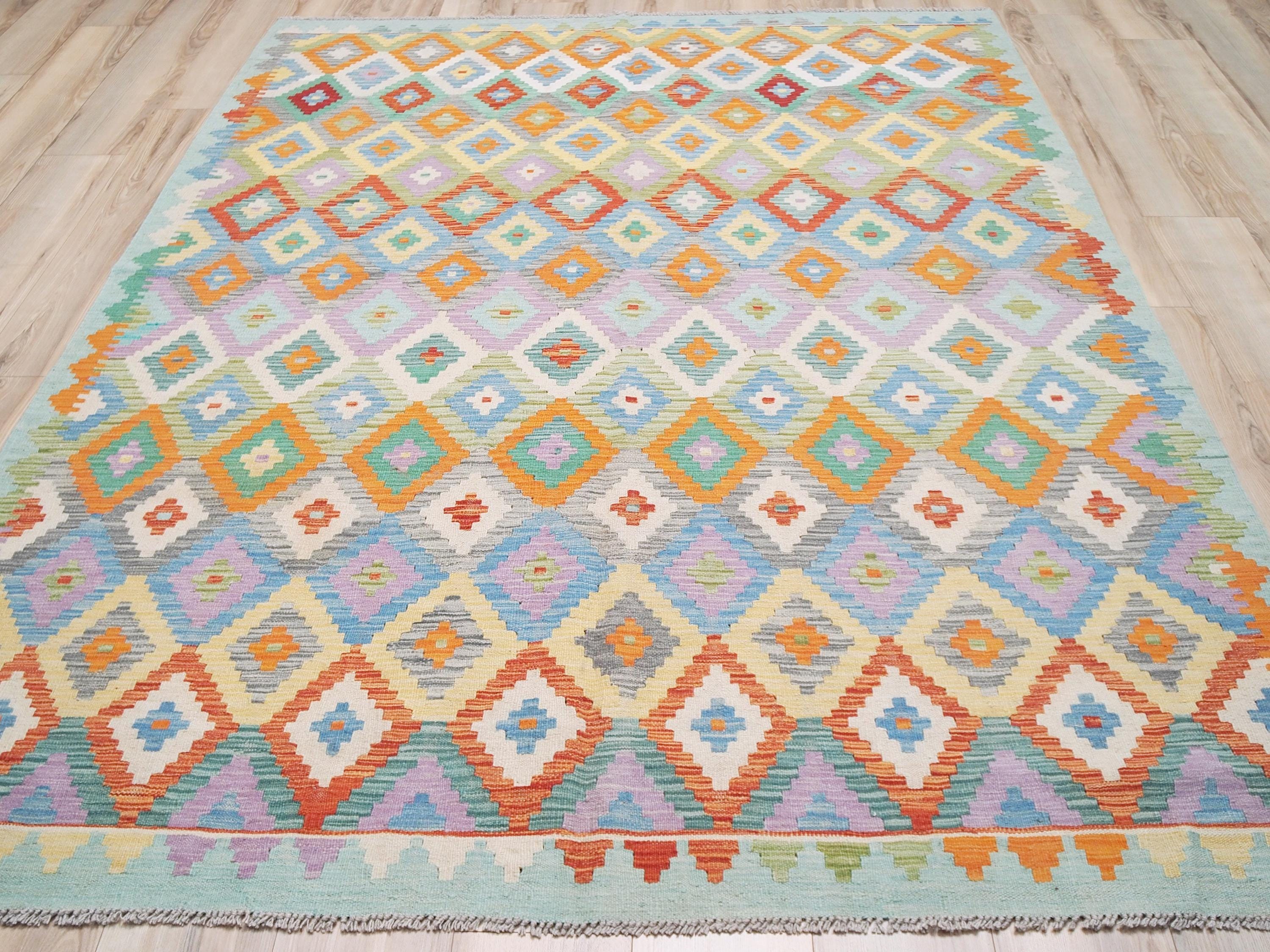7x10 Ft Light Green Kilim Rug - Afghan Tribal Flat Weave