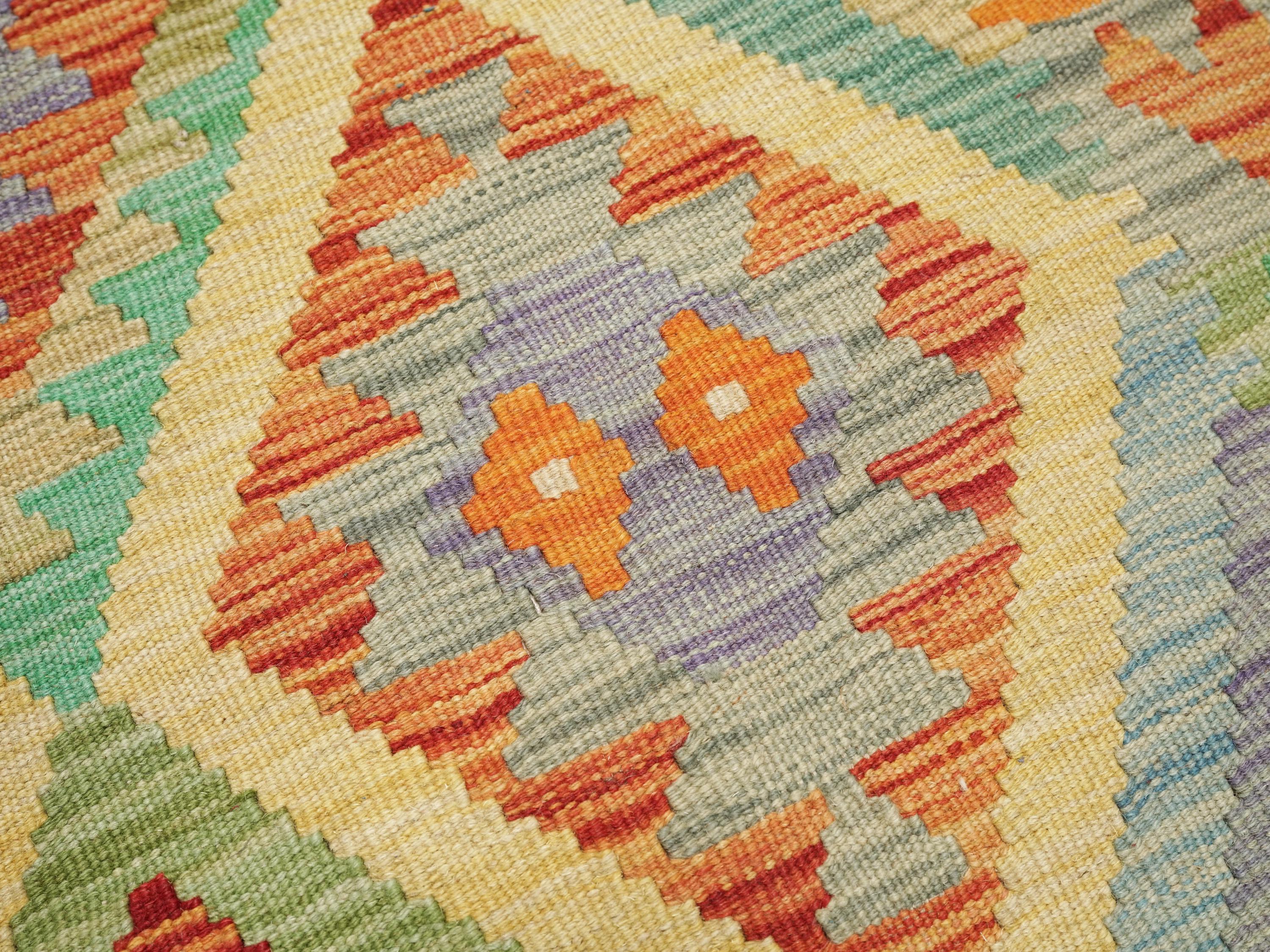 7 Ft Orange Green Kilim Rug  Flat Weave Afghan Runner