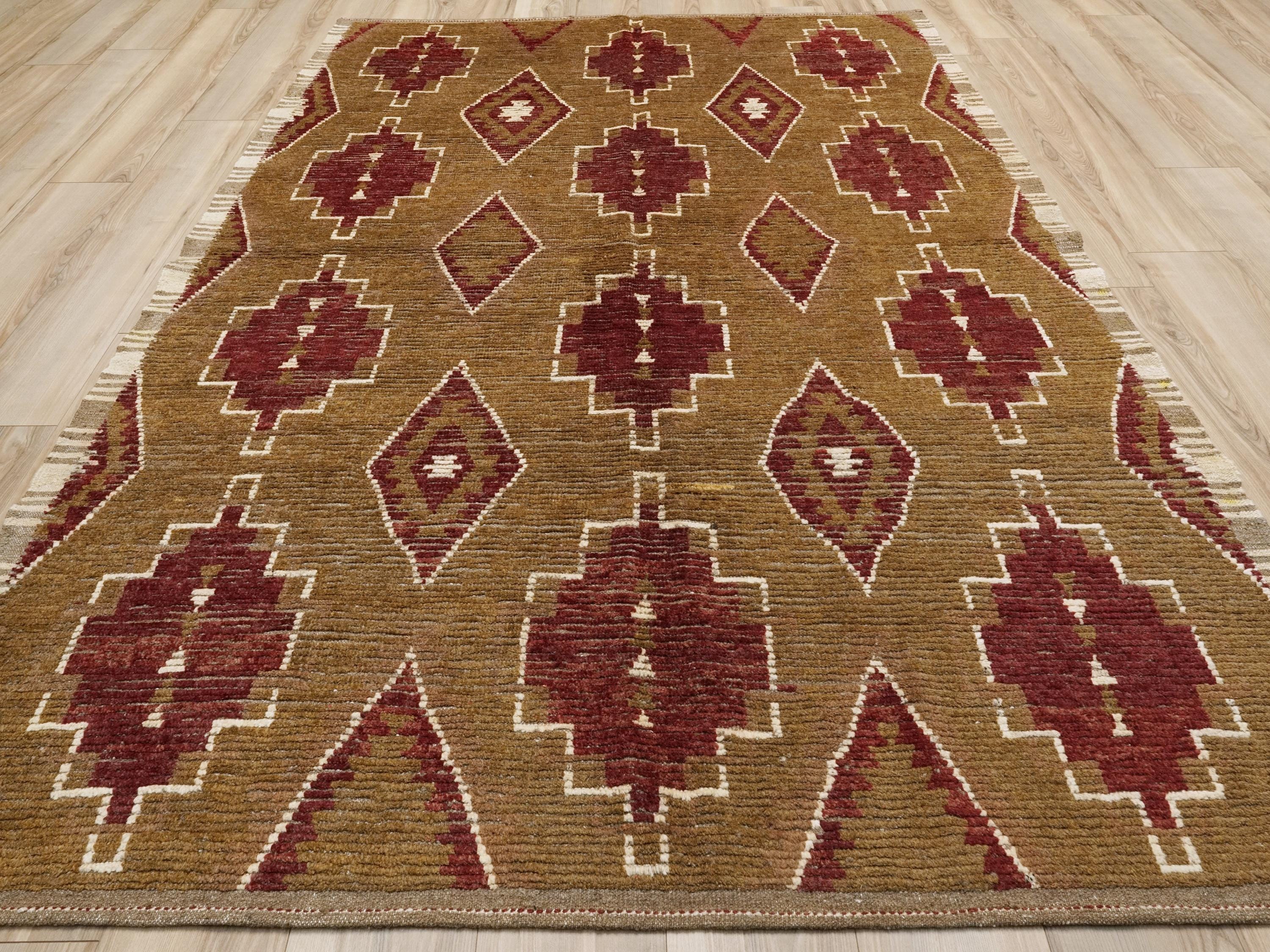 6x9 Ft Brown & Red Moroccan Rug - Handmade Afghan Rug - Tribal Design