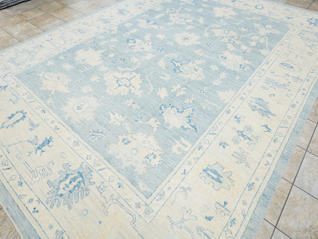 10x14 Ft Muted Blue Ushak Rug - Hand Knotted Wool Area Rug -  Floral Design