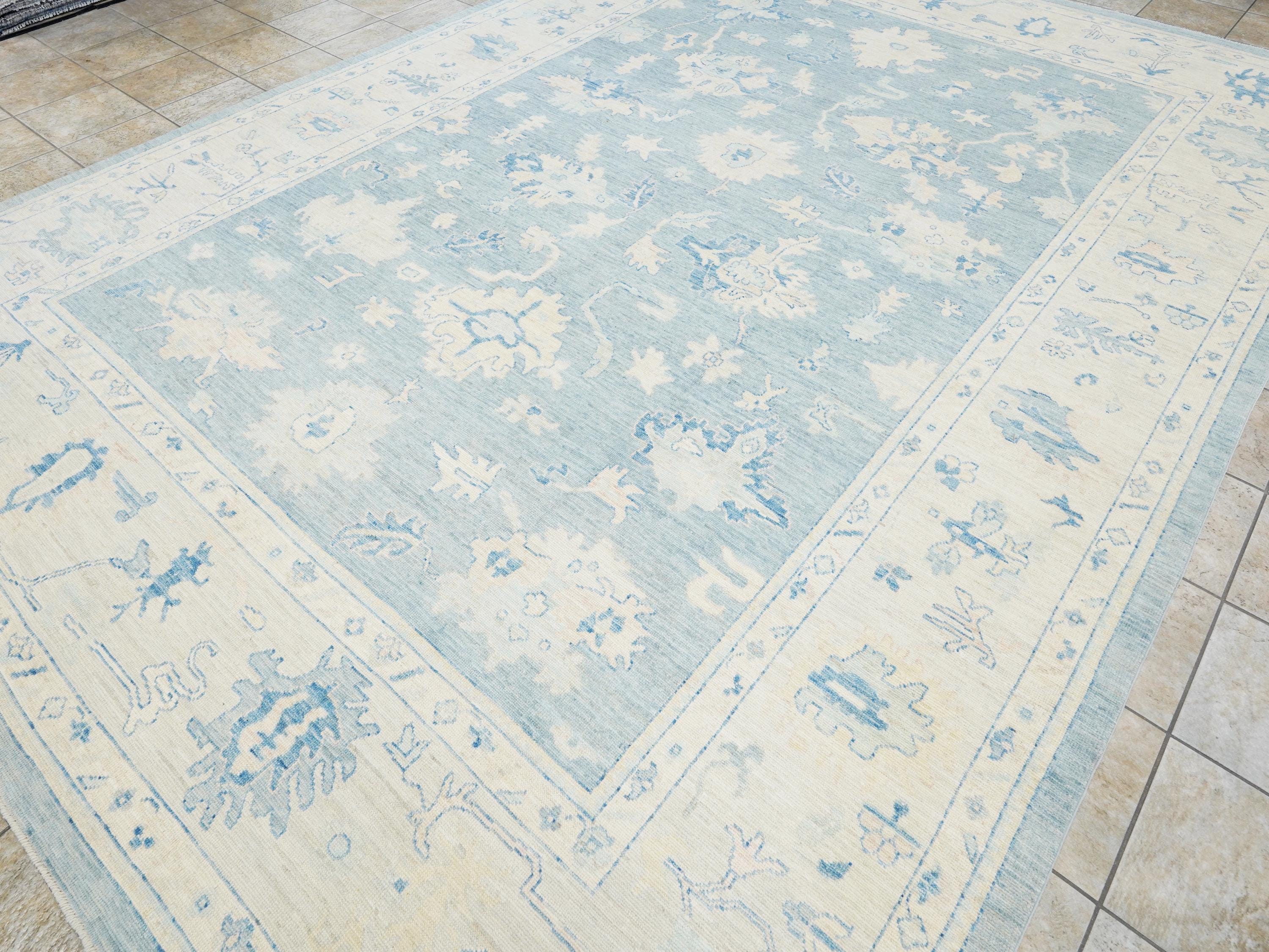 10x14 Ft Muted Blue Ushak Rug - Hand Knotted Wool Area Rug -  Floral Design