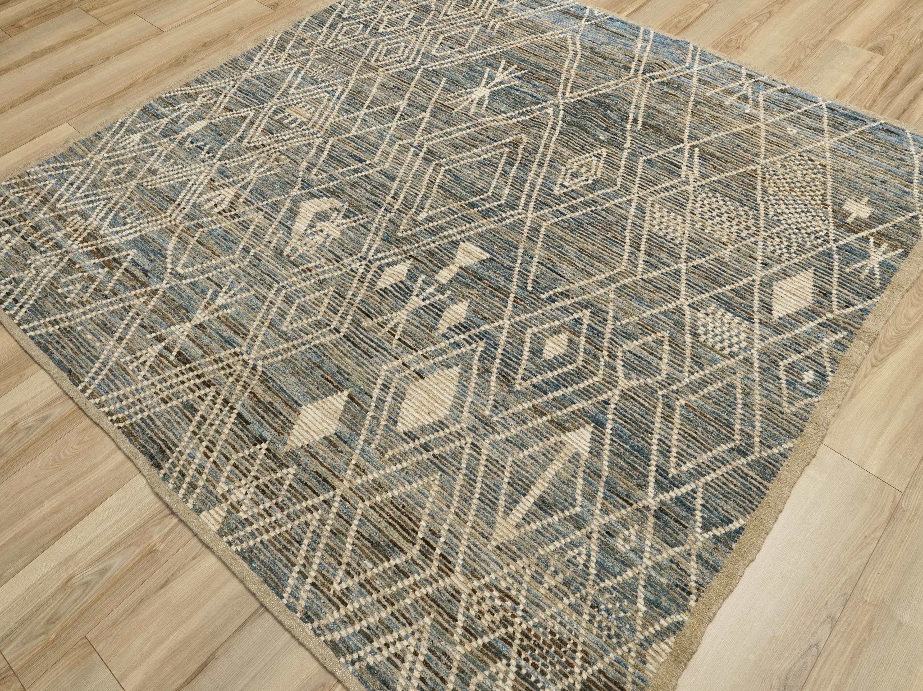 7x7 Ft Blue Moroccan Rug - Afghan Handmade Square Rug