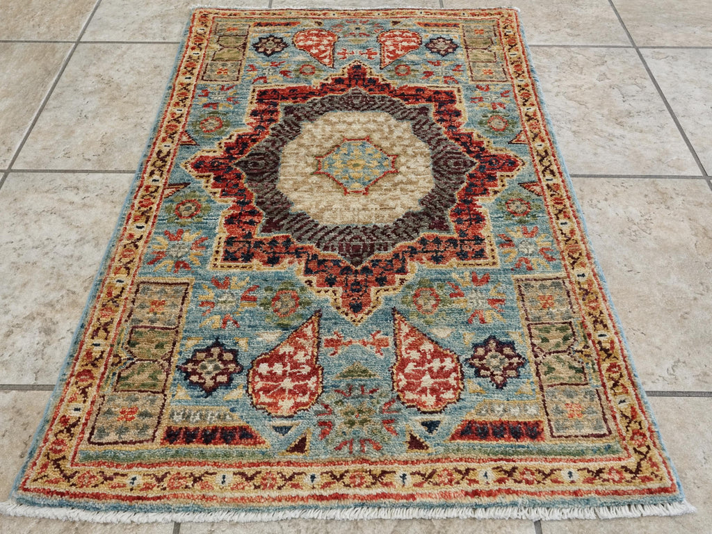 2x3 Ft Hand Knotted Wool Mamluk Rug - Light Blue Oriental Accent Rug