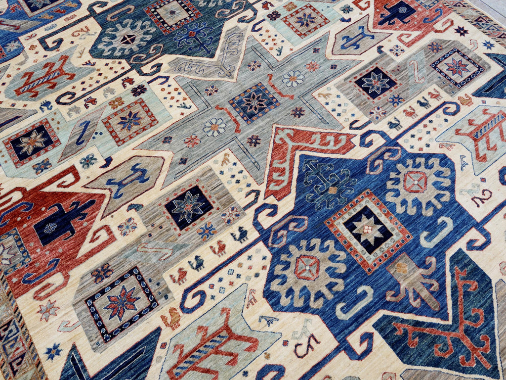 9x12 Ft Beige Heriz Rug - Afghan Oriental Area Rug - Geometric Design