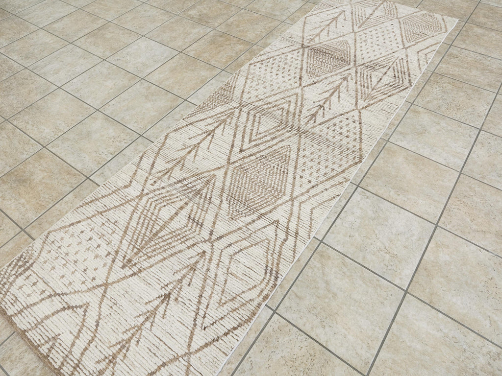 10 Ft Handmade Afghan Wool Runner Rug - Beige Moroccan Style