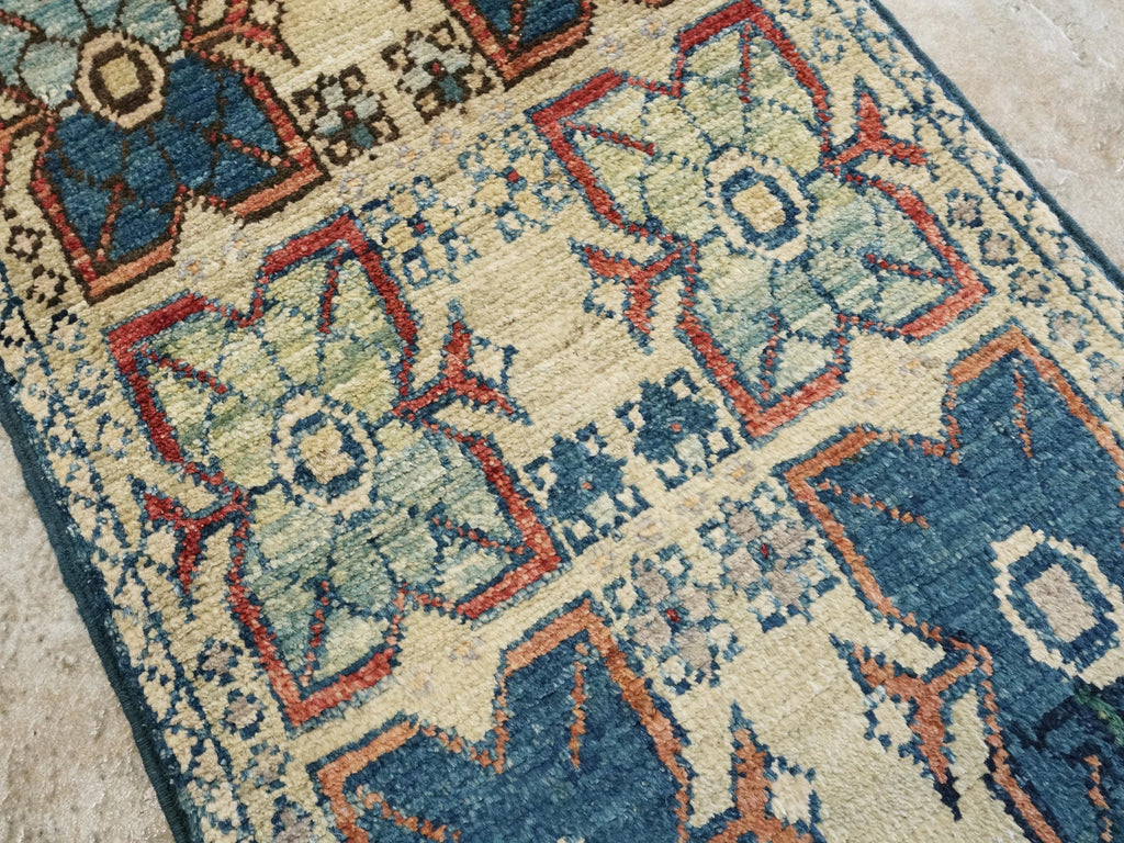 1x2 Ft Hand Knotted Heriz Wool Rug - Beige Blue Floral Accent Rug