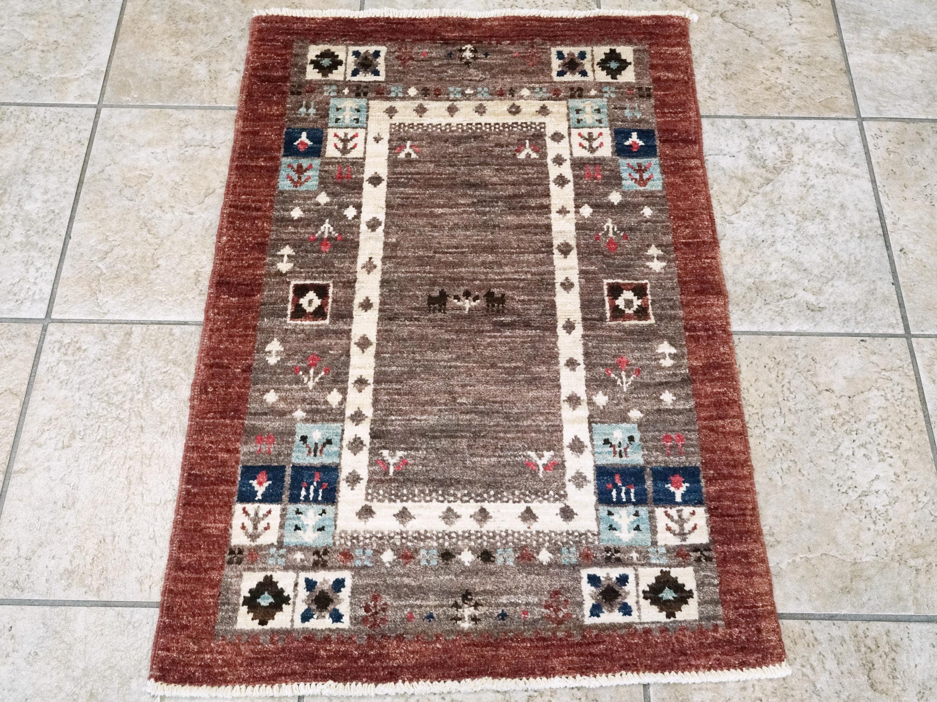 2x3 Ft Brown Gabbeh Rug - Tribal Hand Knotted Wool Rug