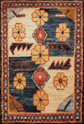 1x2 Ft Hand Knotted Heriz Rug - Beige & Blue Floral Accent Rug