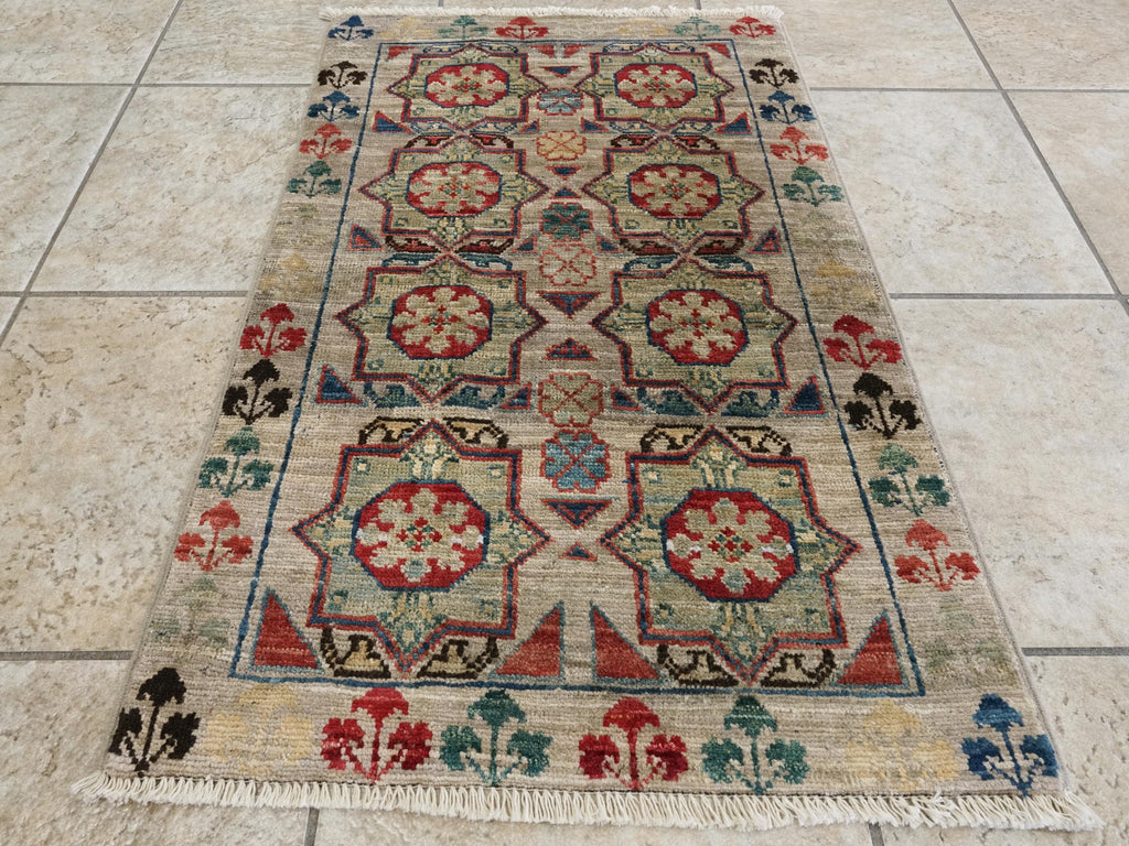 2x3 Ft Hand Knotted Beige Mamluk Rug - Ghazni Wool Oriental Rug