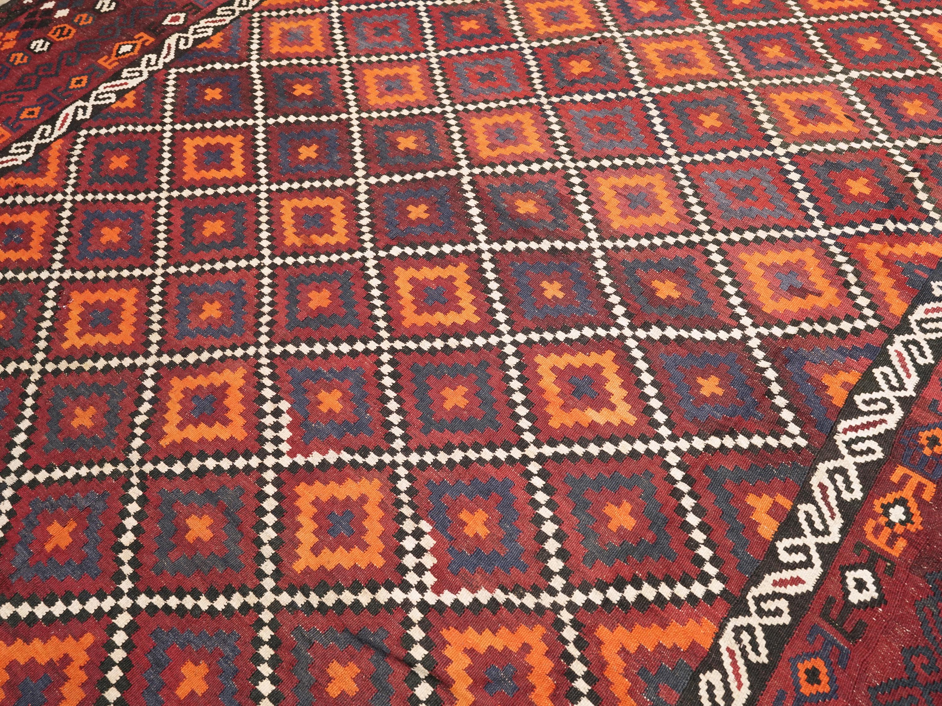 9x14 Ft Vintage Maimana Kilim Rug - Traditional Red Flat Weave