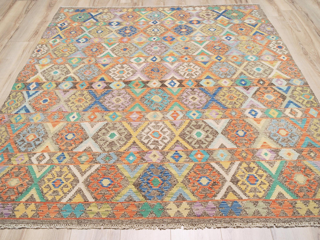 6x8 Ft Wool Kilim Rug - Brown Flat Weave - Traditional Afghan Rug