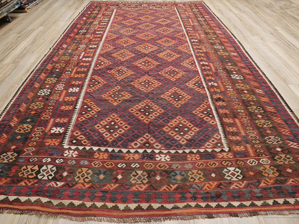 9x14 Ft Burgundy Maimana Kilim Rug - Vintage Flat Weave - Tribal Design