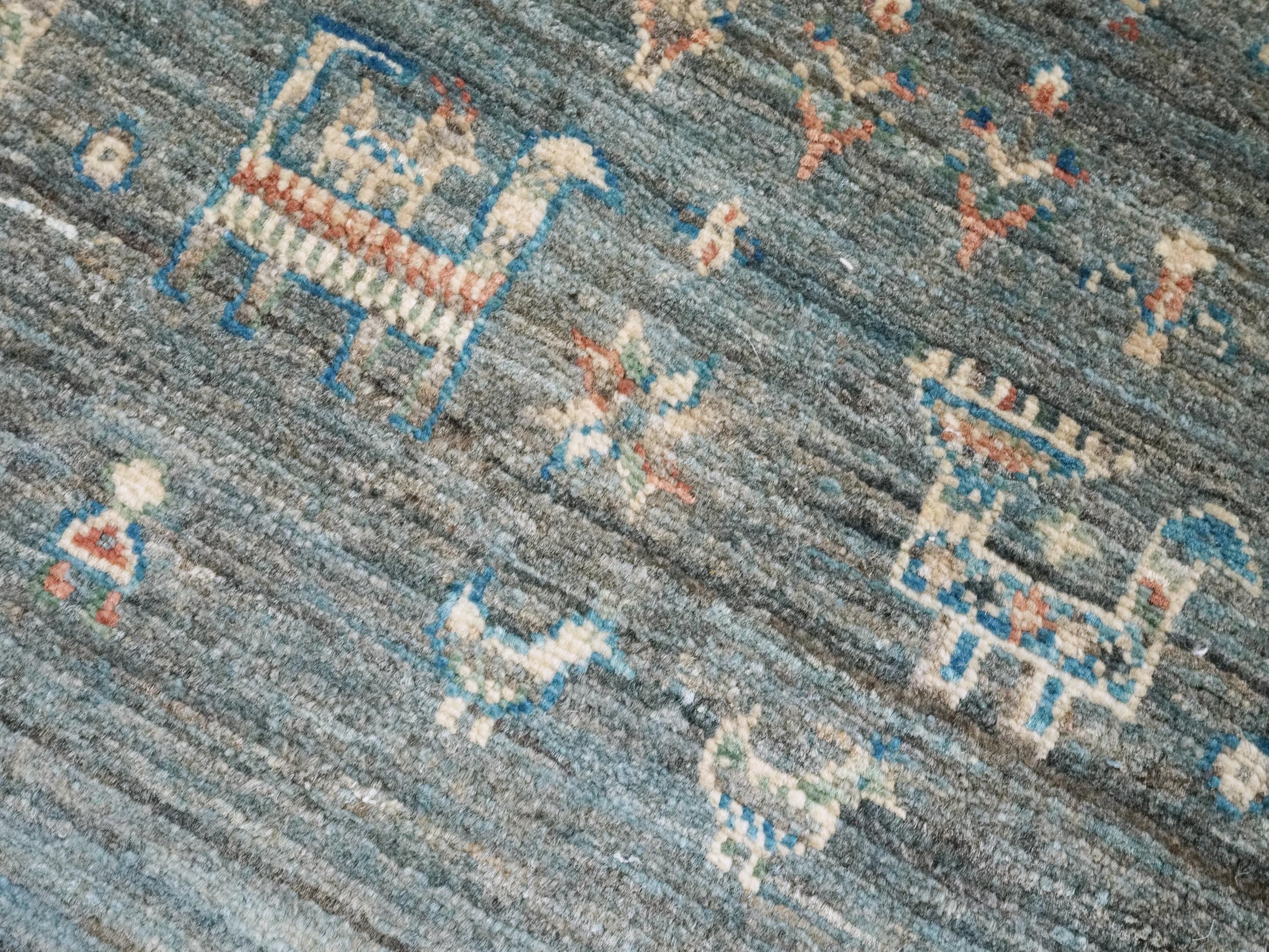 3x3 Ft Cyan Serapi Rug - Hand Knotted Wool Oriental Rug - Floral Design