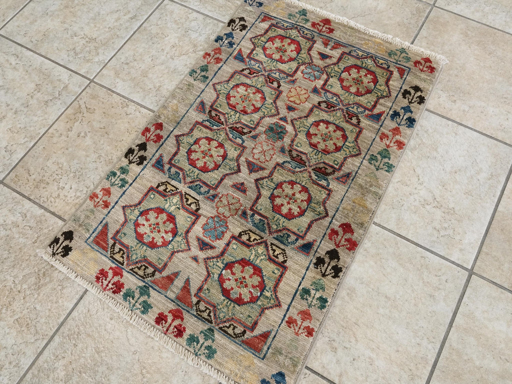 2x3 Ft Hand Knotted Beige Mamluk Rug - Ghazni Wool Oriental Rug