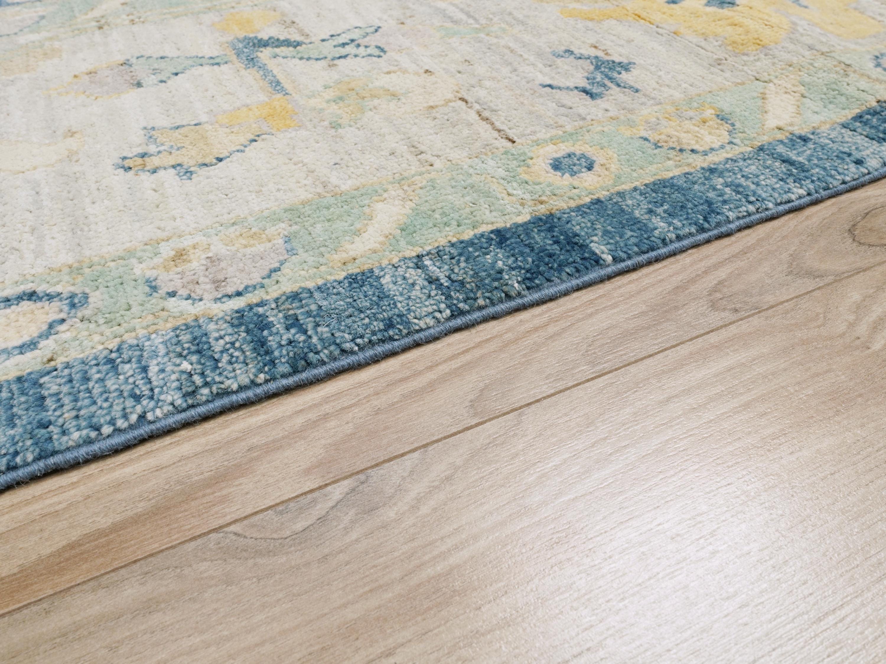 9x12 Ft Hand Knotted Oushak Rug - Blue Handmade Area Rug - Floral Design