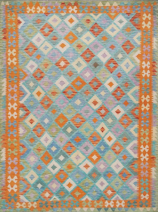 5x7 Ft Orange & Blue Kilim Rug - Handwoven Afghan Flat Weave