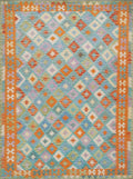 5x7 Ft Orange & Blue Kilim Rug - Handwoven Afghan Flat Weave