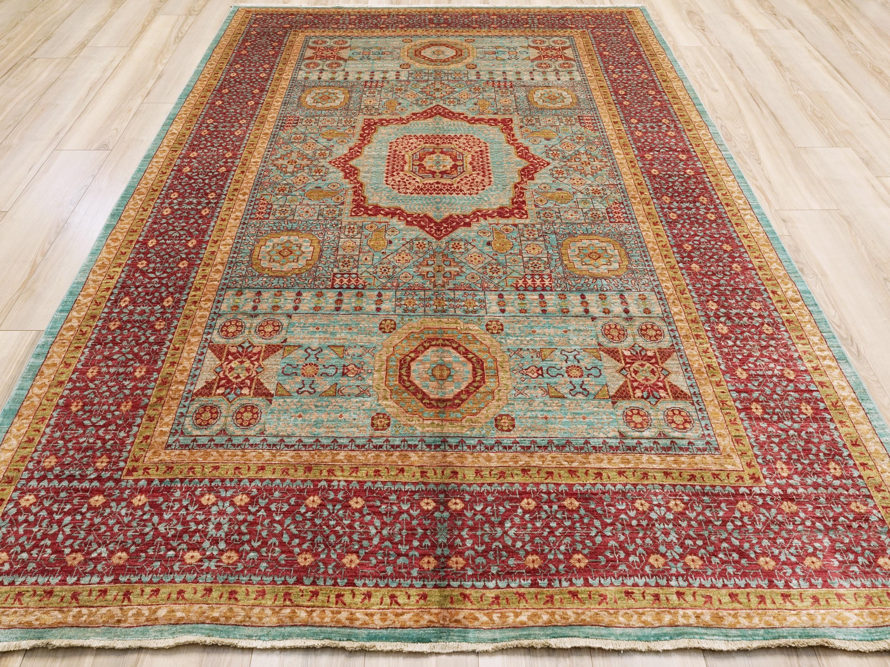 7x10 Ft Blue & Red Mamluk Rug - Afghan Oriental Wool Rug