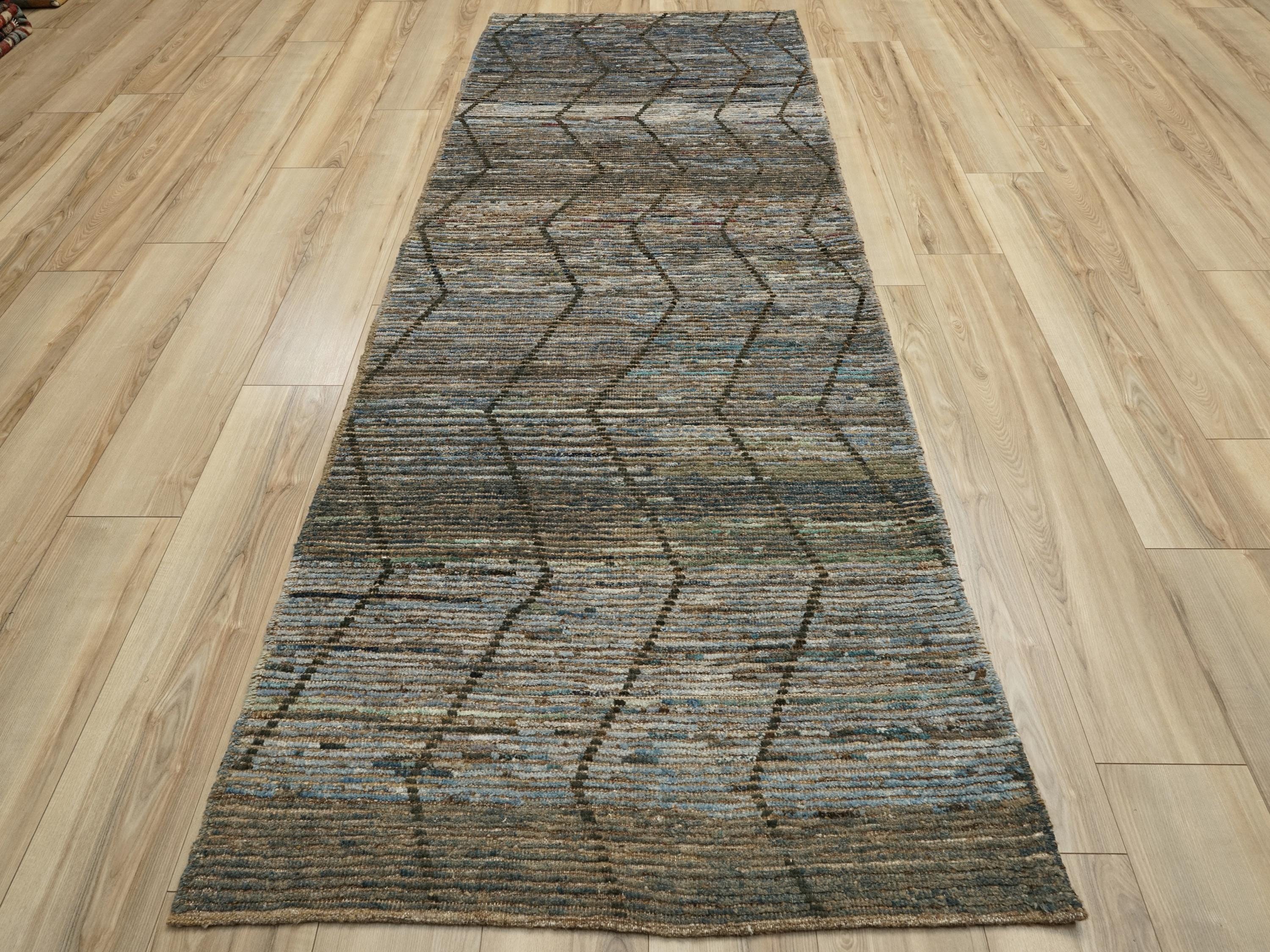 10 Ft Handmade Moroccan Runner Rug: Dark Blue Afghan Runner