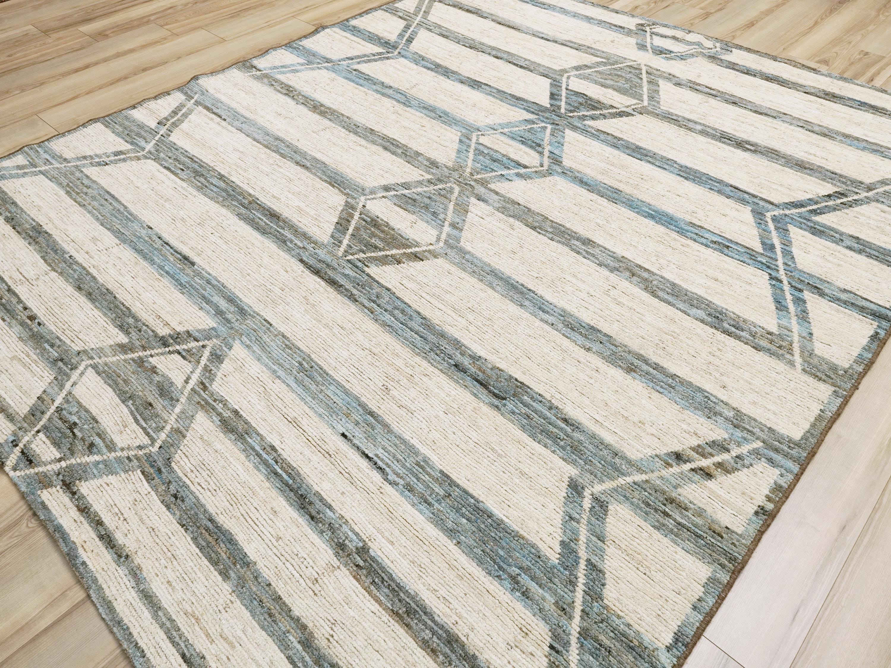 8x10 Ft Beige & Blue Moroccan Rug - Handmade Wool Area Rug