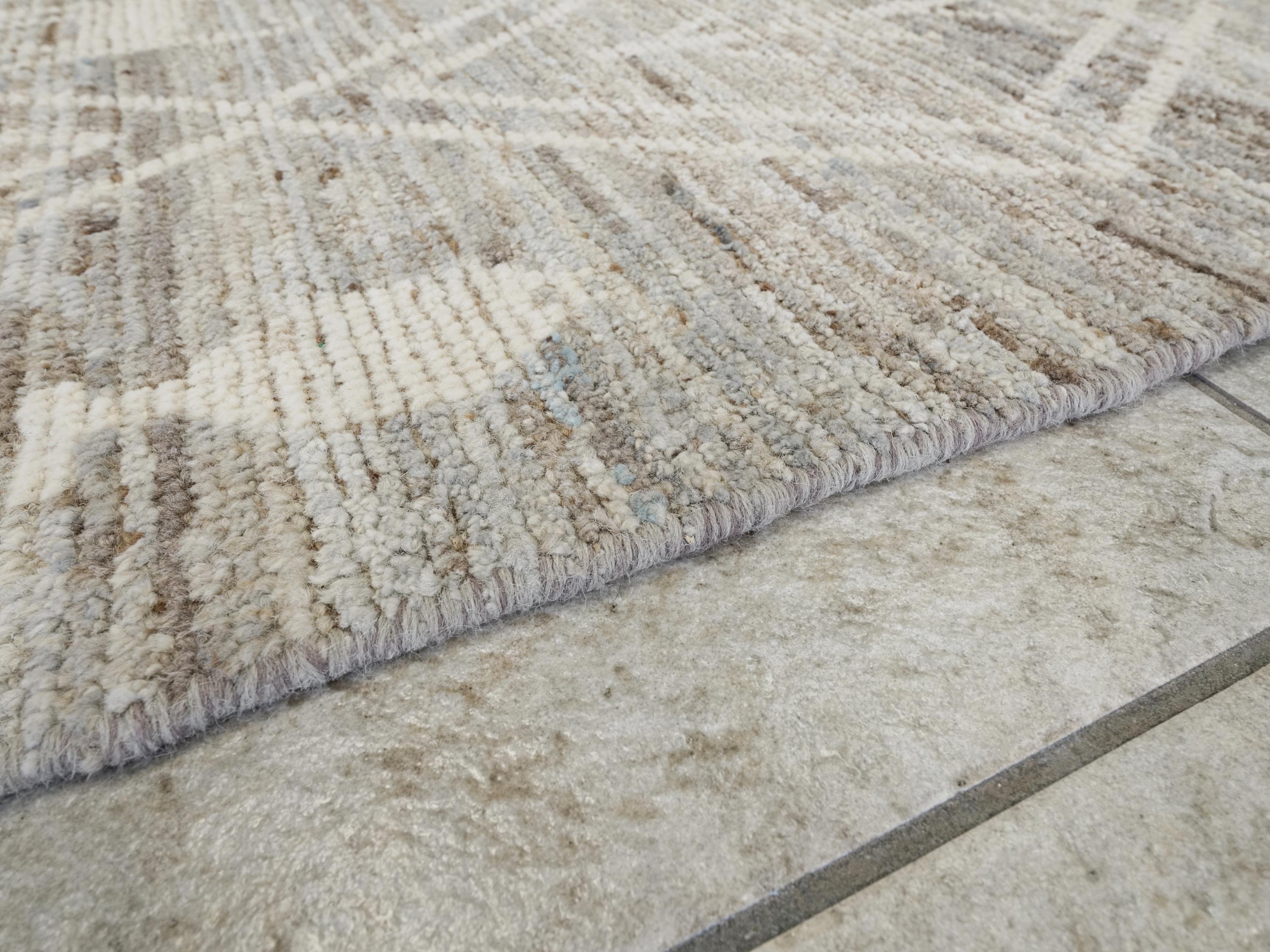 10 Ft Handmade Afghan Wool Runner Rug - Light Gray Moroccan Design