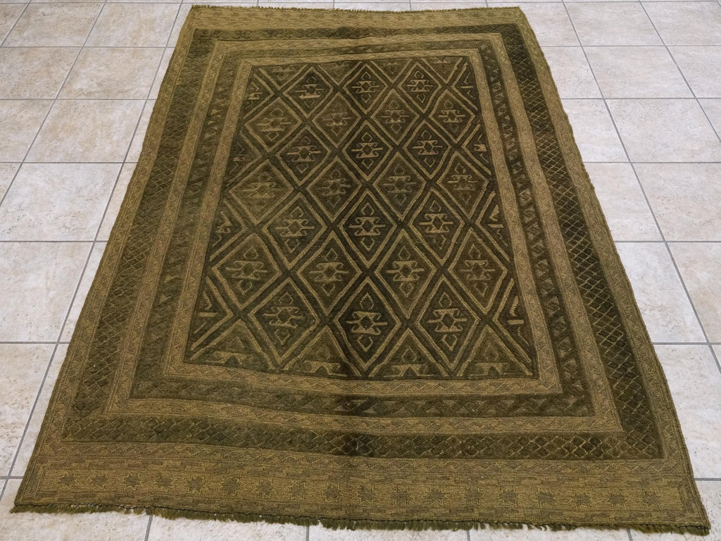 5x6 Ft Dark Green Tribal Kilim Rug - Hand-Knotted Wool - Vintage Afghan Rug