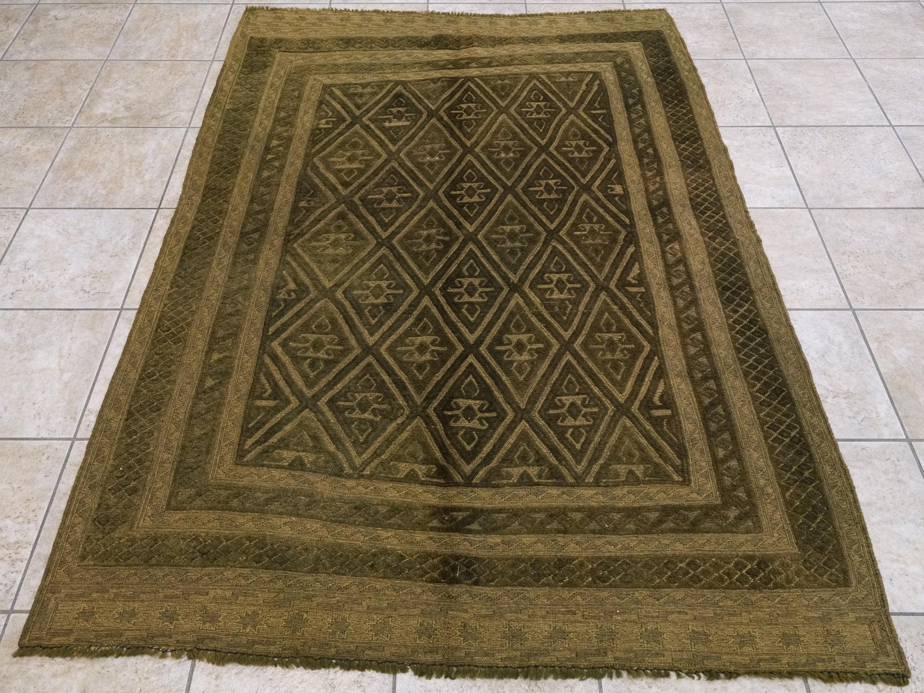 5x6 Ft Dark Green Tribal Kilim Rug - Hand-Knotted Wool - Vintage Afghan Rug