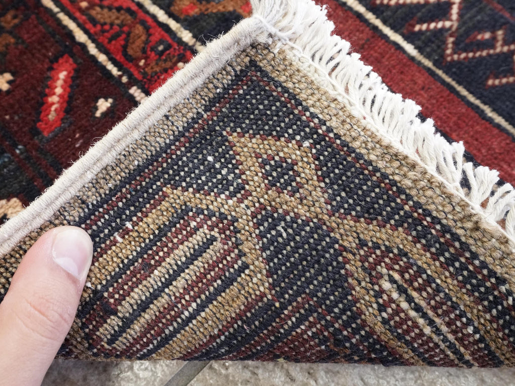 1x2 Ft Hand Knotted Heriz Rug - Black & Red Afghan Wool Accent Rug