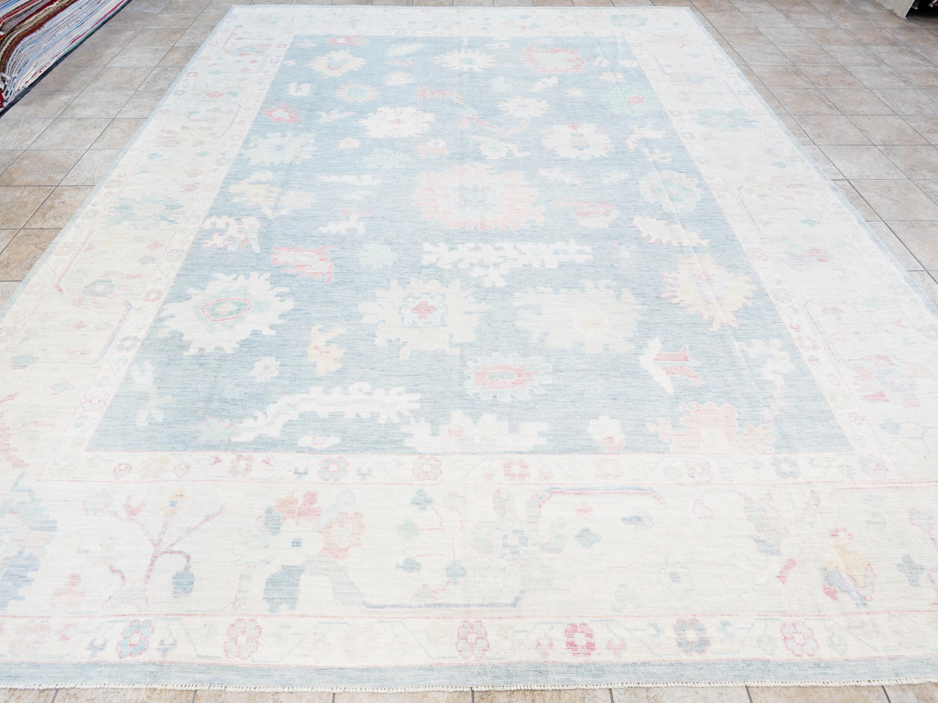 12x15 Ft Muted Ushak Rug - Traditional Wool Area Rug - Greenish Blue Turkish design