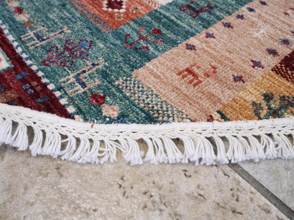 4x4 Ft Colorful Khorjin Rug - Hand Knotted Round Rug - Tribal Design