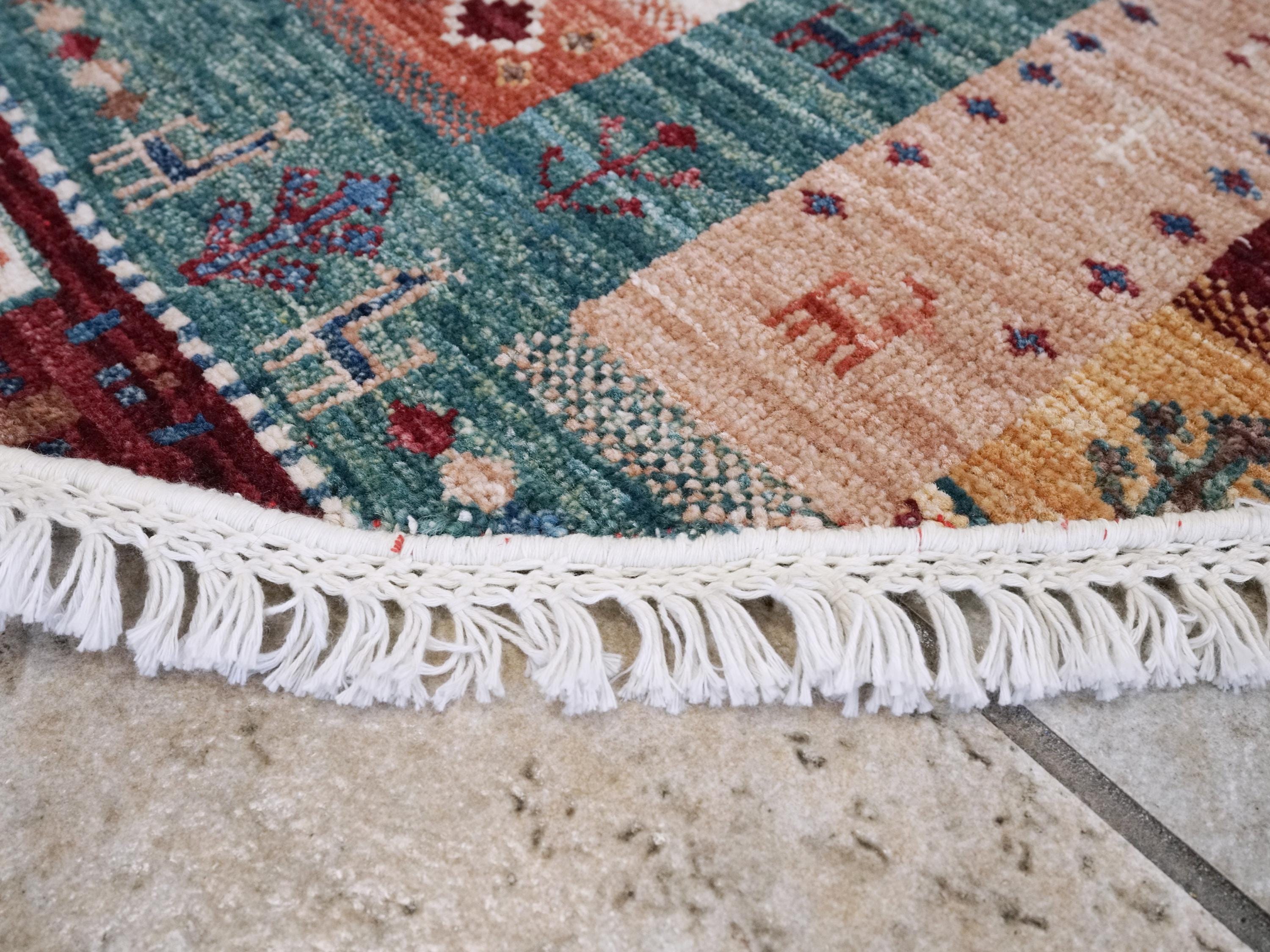4x4 Ft Colorful Khorjin Rug - Hand Knotted Round Rug - Tribal Design