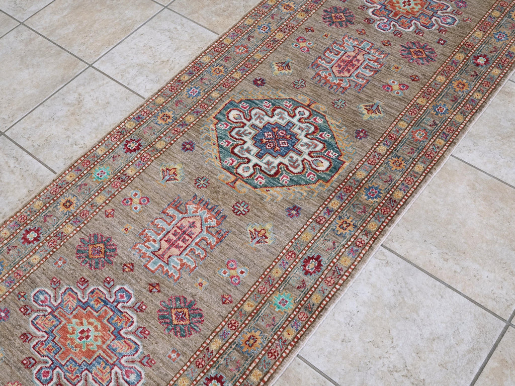 13 Ft Brown Kazak Runner Rug - Hand Knotted Wool Hallway Rug
