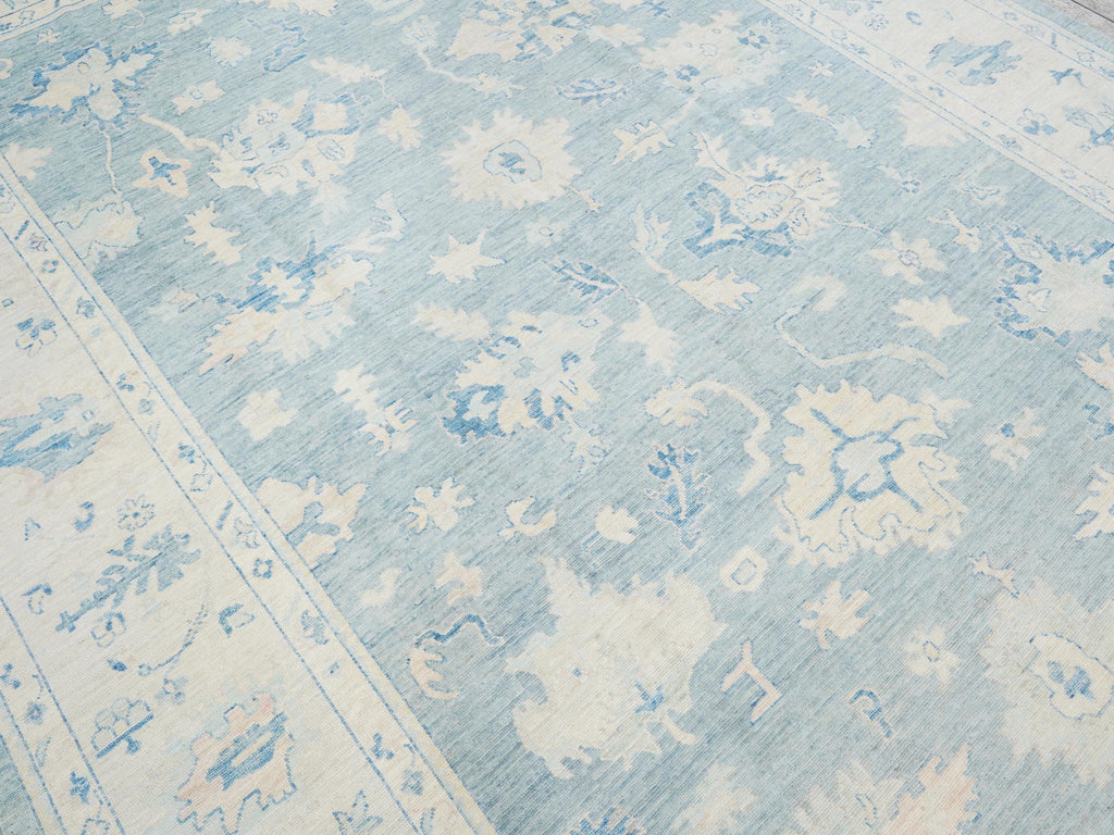 10x14 Ft Muted Blue Ushak Rug - Hand Knotted Wool Area Rug -  Floral Design