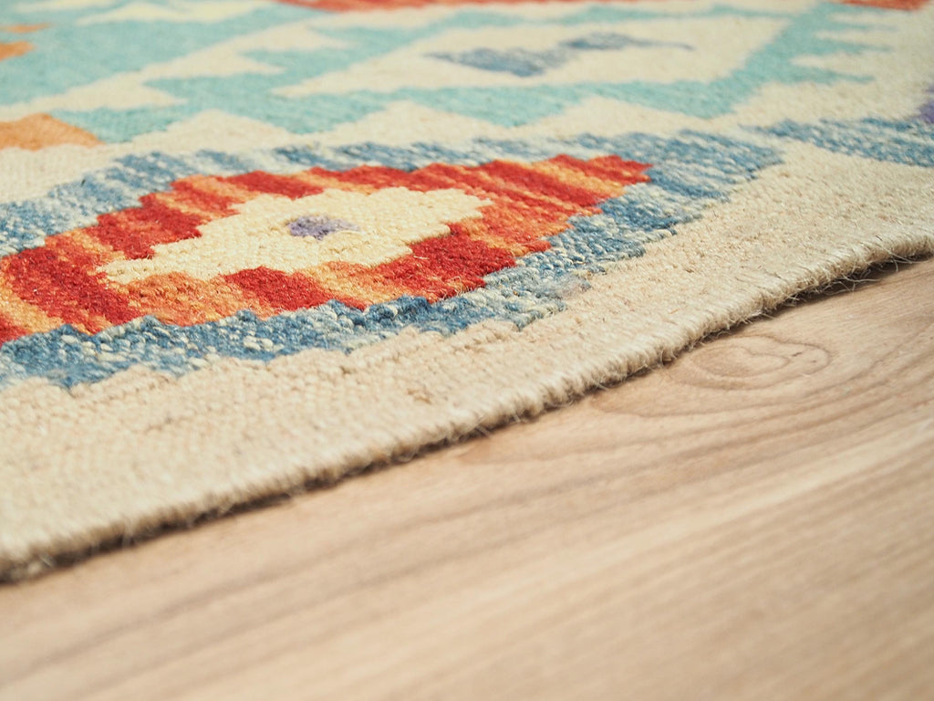 5x7 Ft Red & Blue Kilim Rug - Flat Weave Tribal Rug