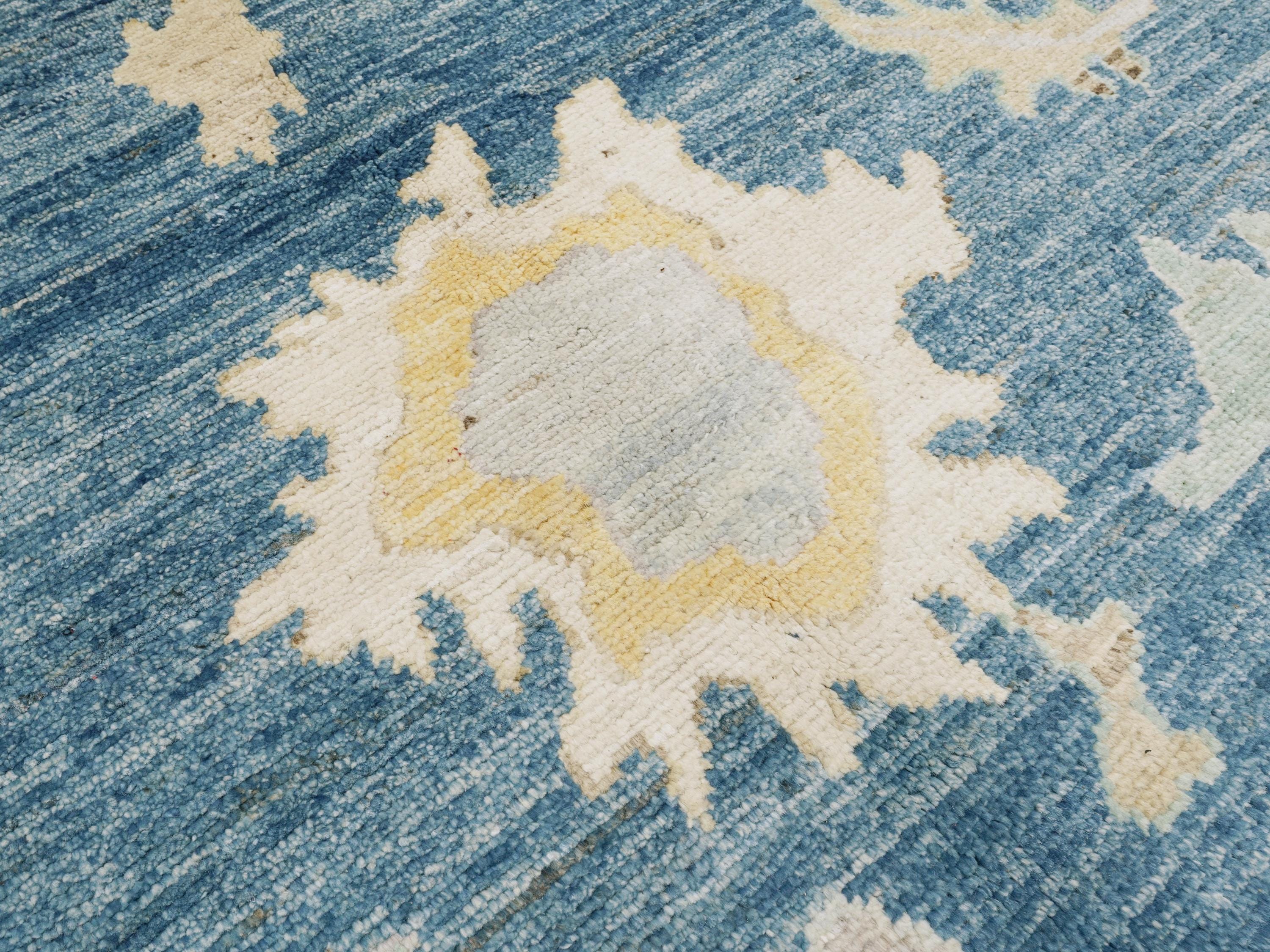 9x12 Ft Hand Knotted Oushak Rug - Blue Handmade Area Rug - Floral Design