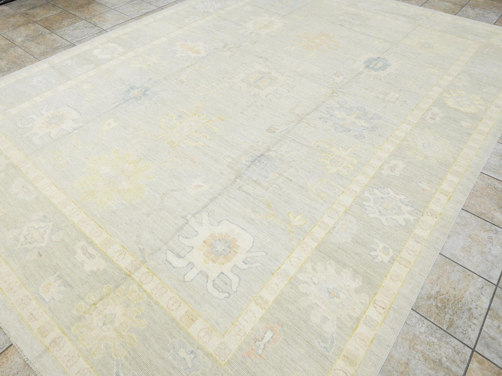 10x14 Ft Muted Green Ushak Rug - Hand Knotted Afghan Rug - Turkish Floral Design