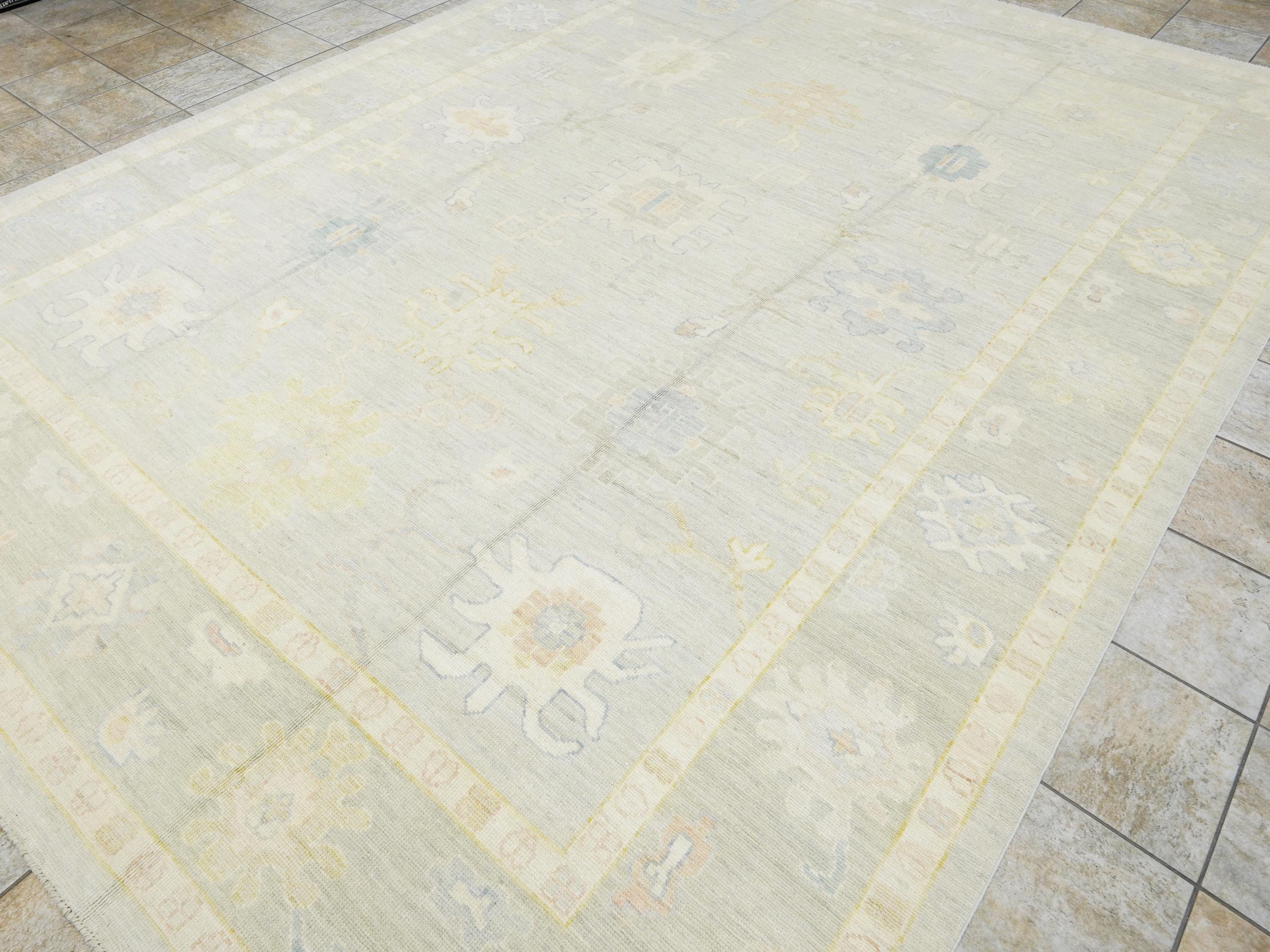 10x14 Ft Muted Green Ushak Rug - Hand Knotted Afghan Rug - Turkish Floral Design