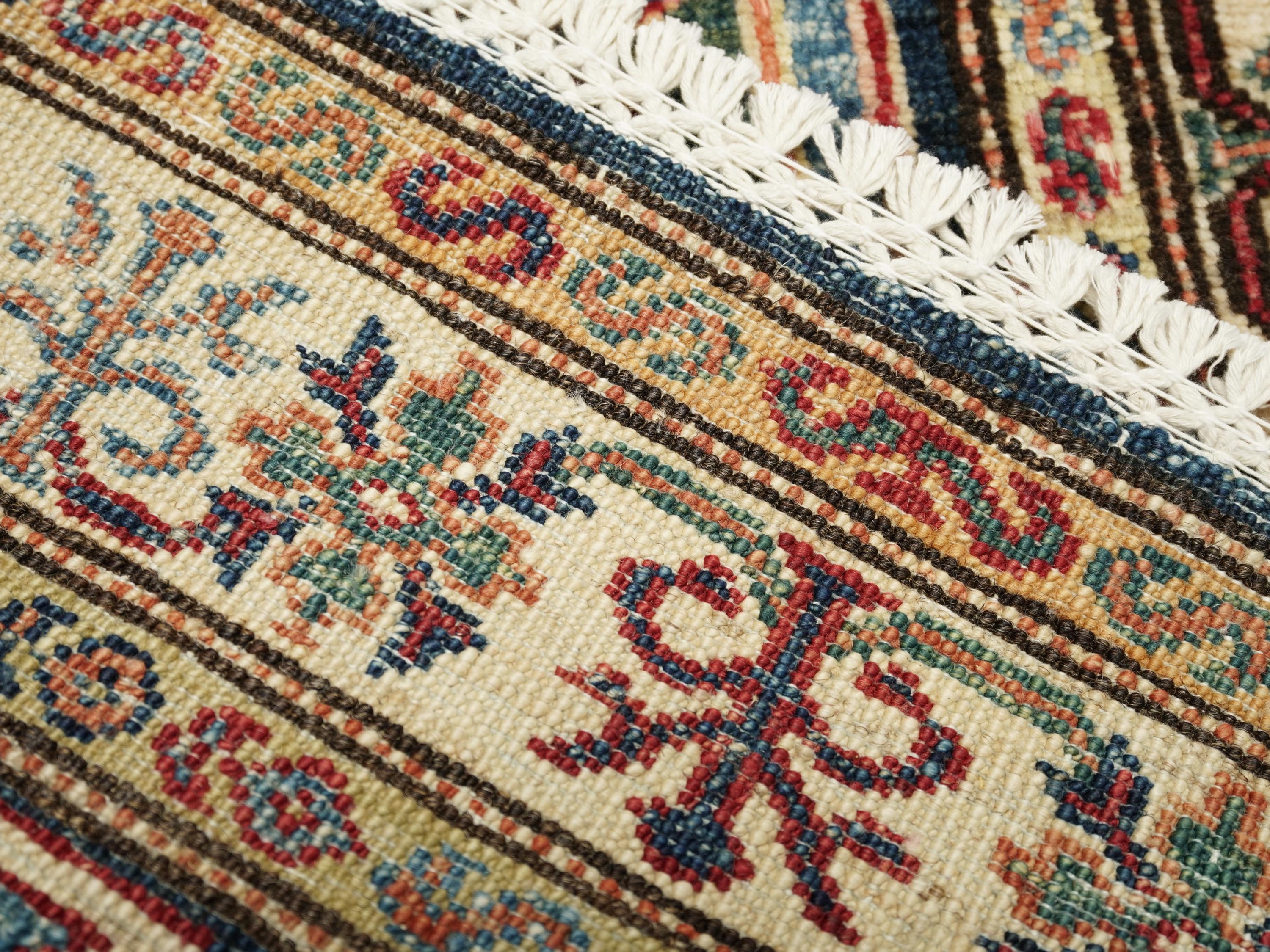 2x3 Ft Blue Beige Kazak Rug - Afghan Wool Accent Rug