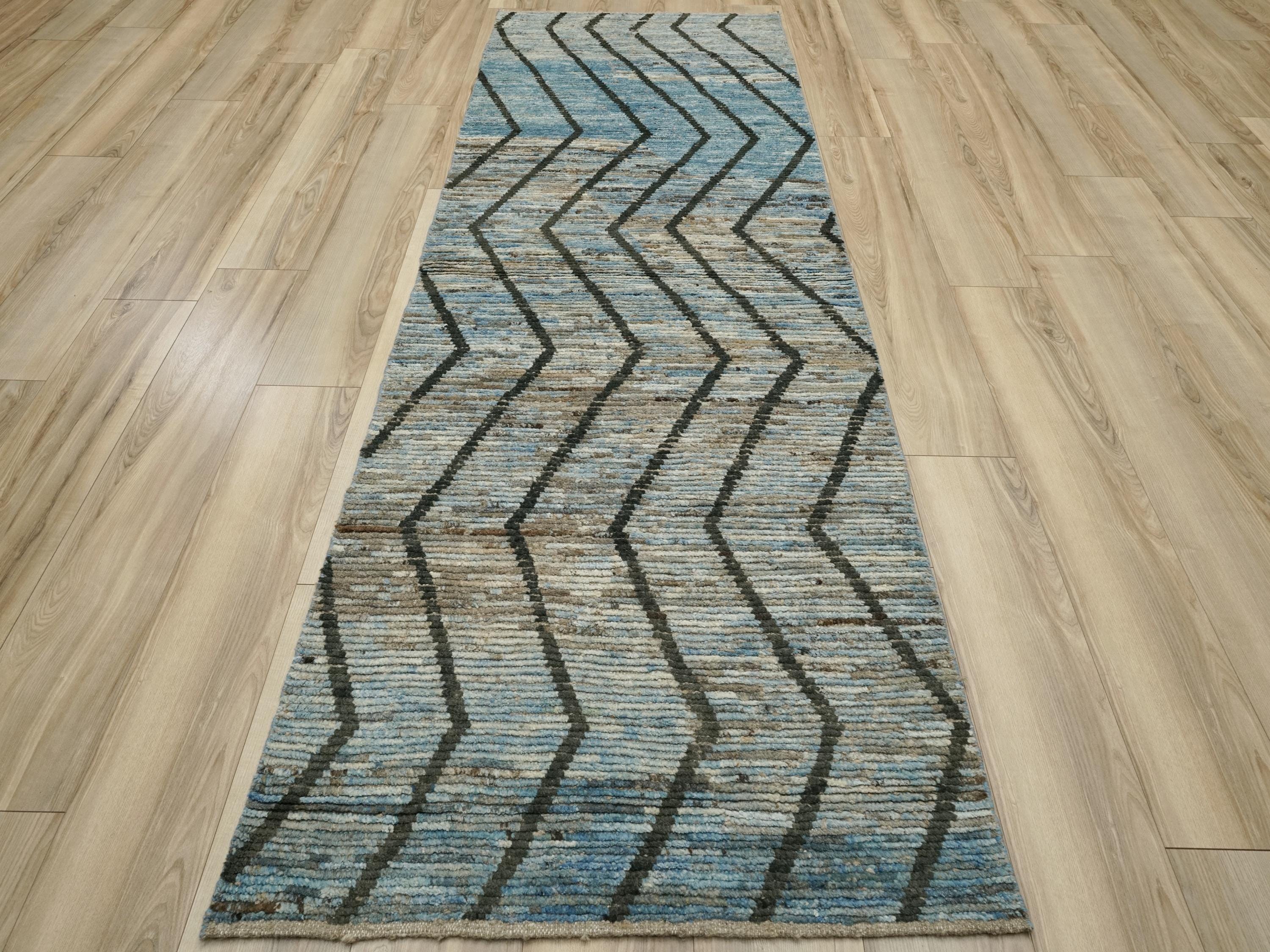 9 Ft Blue Moroccan Runner Rug - Afghan Handmade Wool Rug