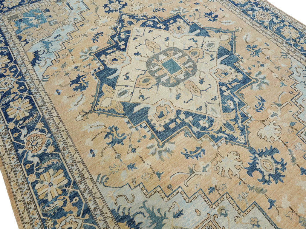 10x14 Ft Blue & Orange Heriz Rug - Hand Knotted Antique Rug