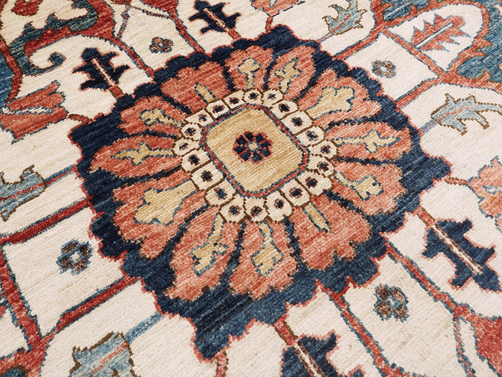 10x14 Ft Red & Blue Serapi Rug - Hand Knotted Afghan Oriental Rug - Floral Design