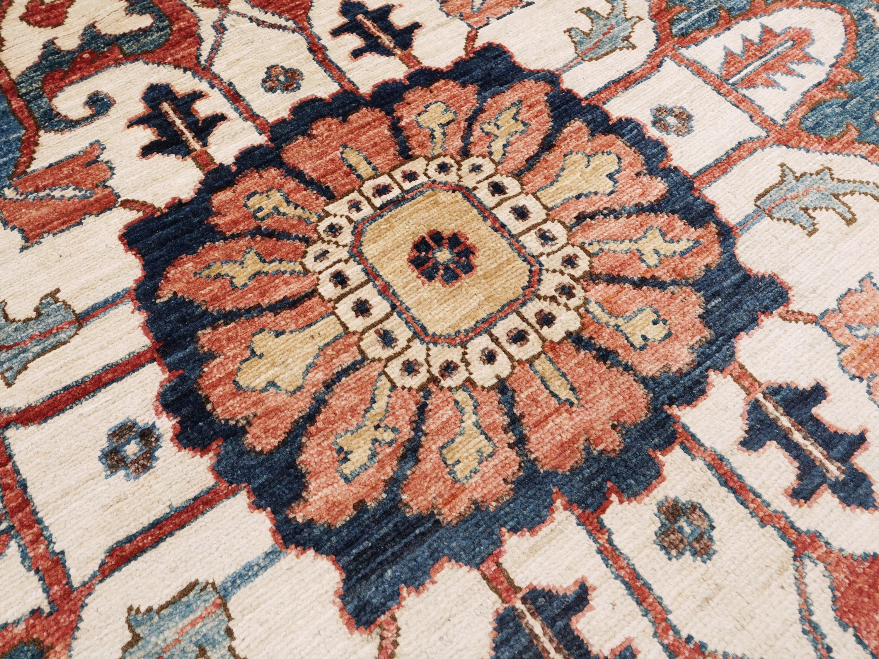 10x14 Ft Red & Blue Serapi Rug - Hand Knotted Afghan Oriental Rug - Floral Design
