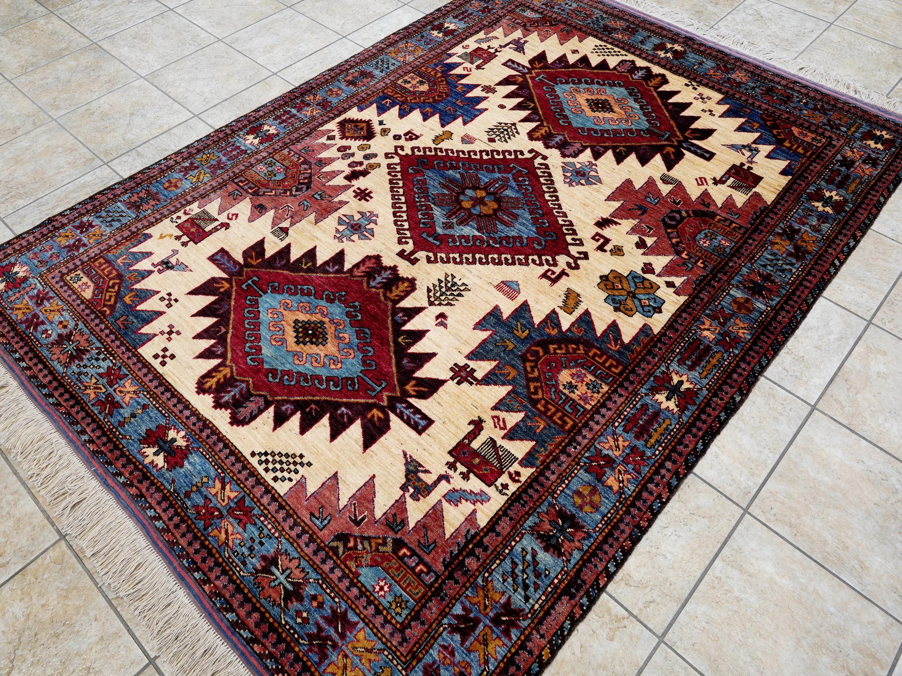 6x8 Ft Red & Blue Baluch Rug - Hand Knotted Oriental Rug - Tribal Design
