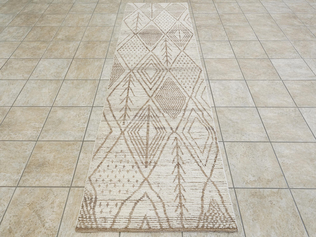 10 Ft Handmade Afghan Wool Runner Rug - Beige Moroccan Style