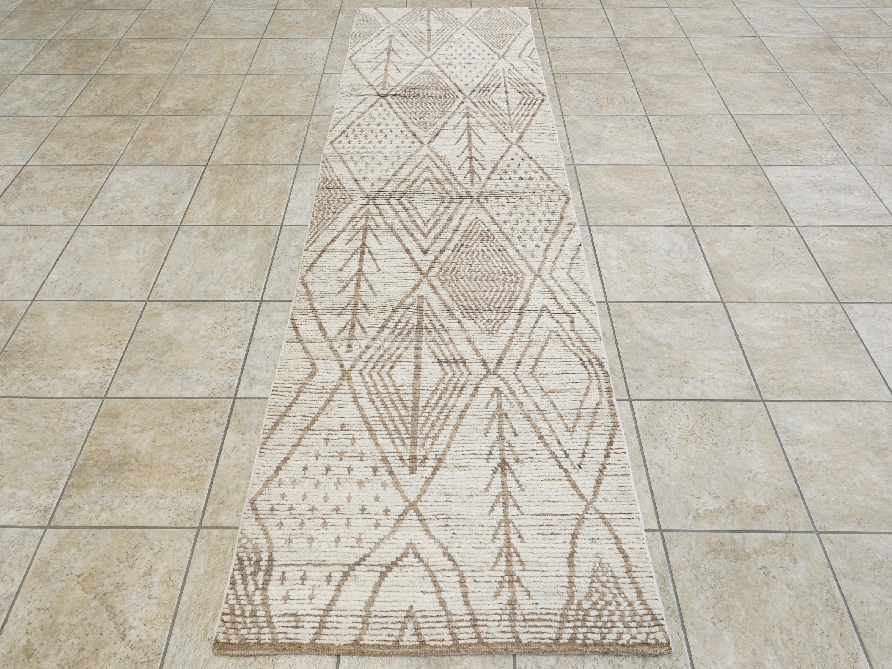 10 Ft Handmade Afghan Wool Runner Rug - Beige Moroccan Style