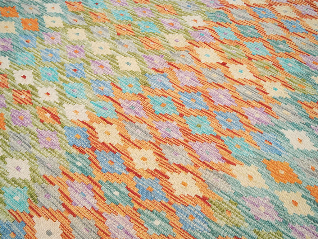6x8 Ft Orange & Green Kilim Rug - Geometric Flatweave