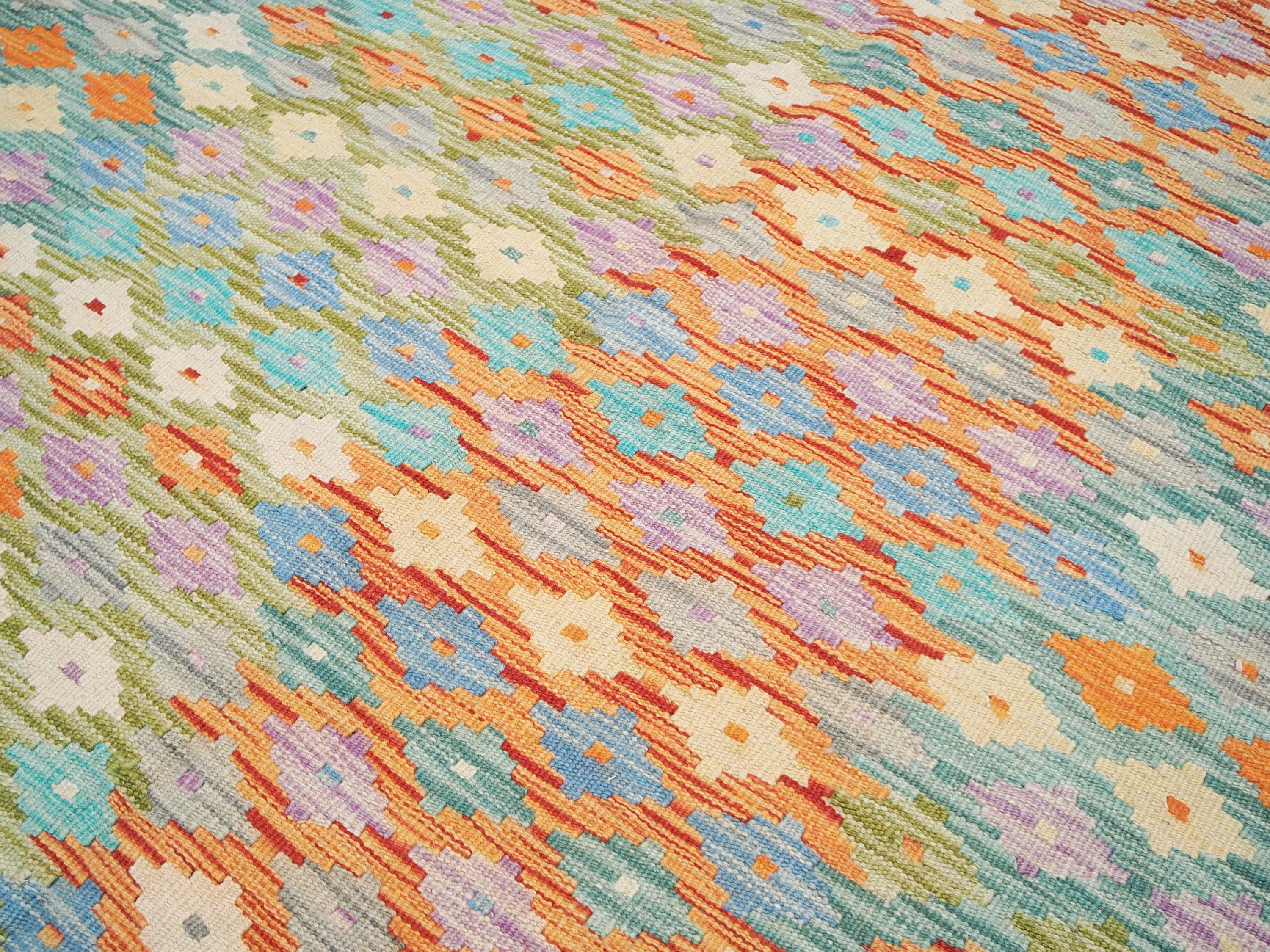 6x8 Ft Orange & Green Kilim Rug - Geometric Flatweave